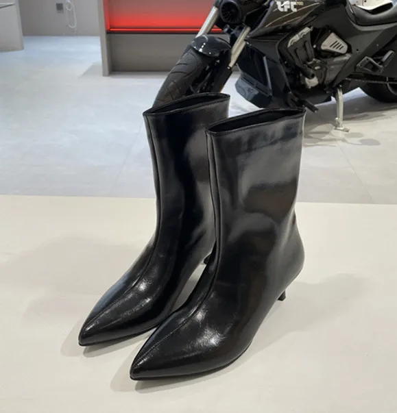 

Женские ботильоны из лакированной кожи с острым носком на каблуке «котенок», гладкая стильная обувь до середины икры, повседневная обувь