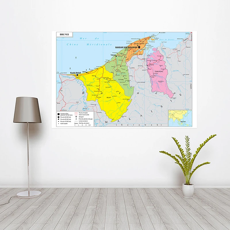 Tela de fondo con mapa de Francia - Mapa de Brunéi, decoración para viajes, herramienta educativa de geografía para colgar en la pared