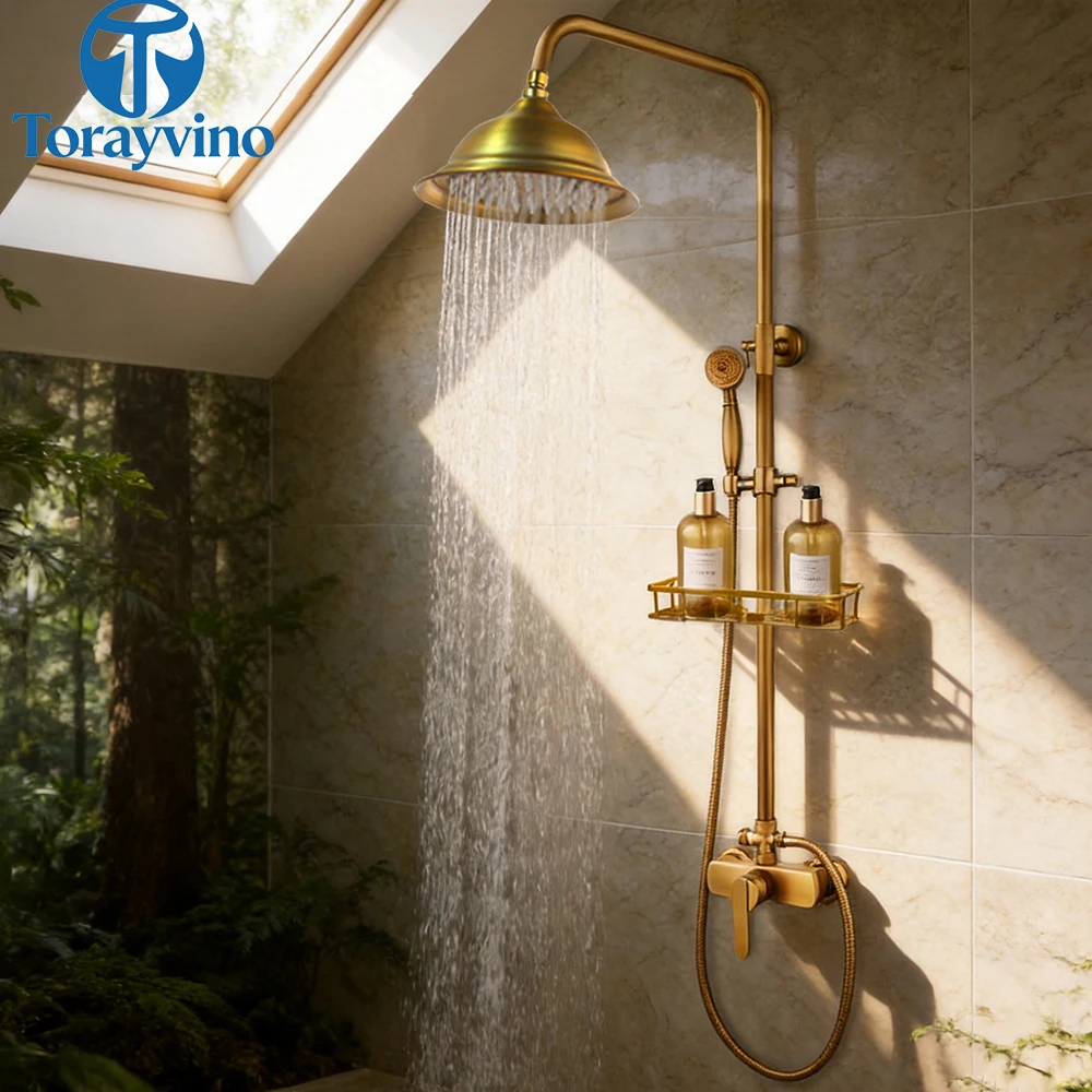 Torayvino Bathroom Antique outdoor luxury Shower Set Wall Mount Bath Shower Faucet Rainfall  Mixer Tap Shower System column