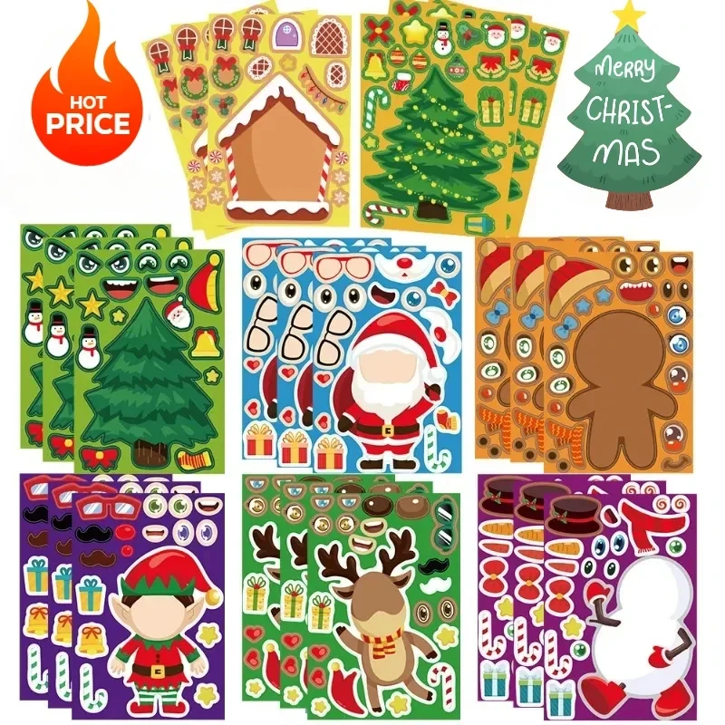 32/16/8 PCS Children DIY Puzzle Cute Sticker Santa Christmas Tree Socks Face Assemble Stickers Kids Stationery School Supplies