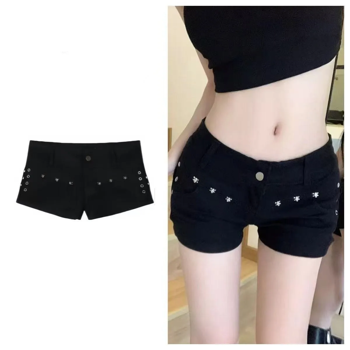 

summer new black rivet low waist y2k shorts women's tight hip-wrapped a-word hot pants jeans