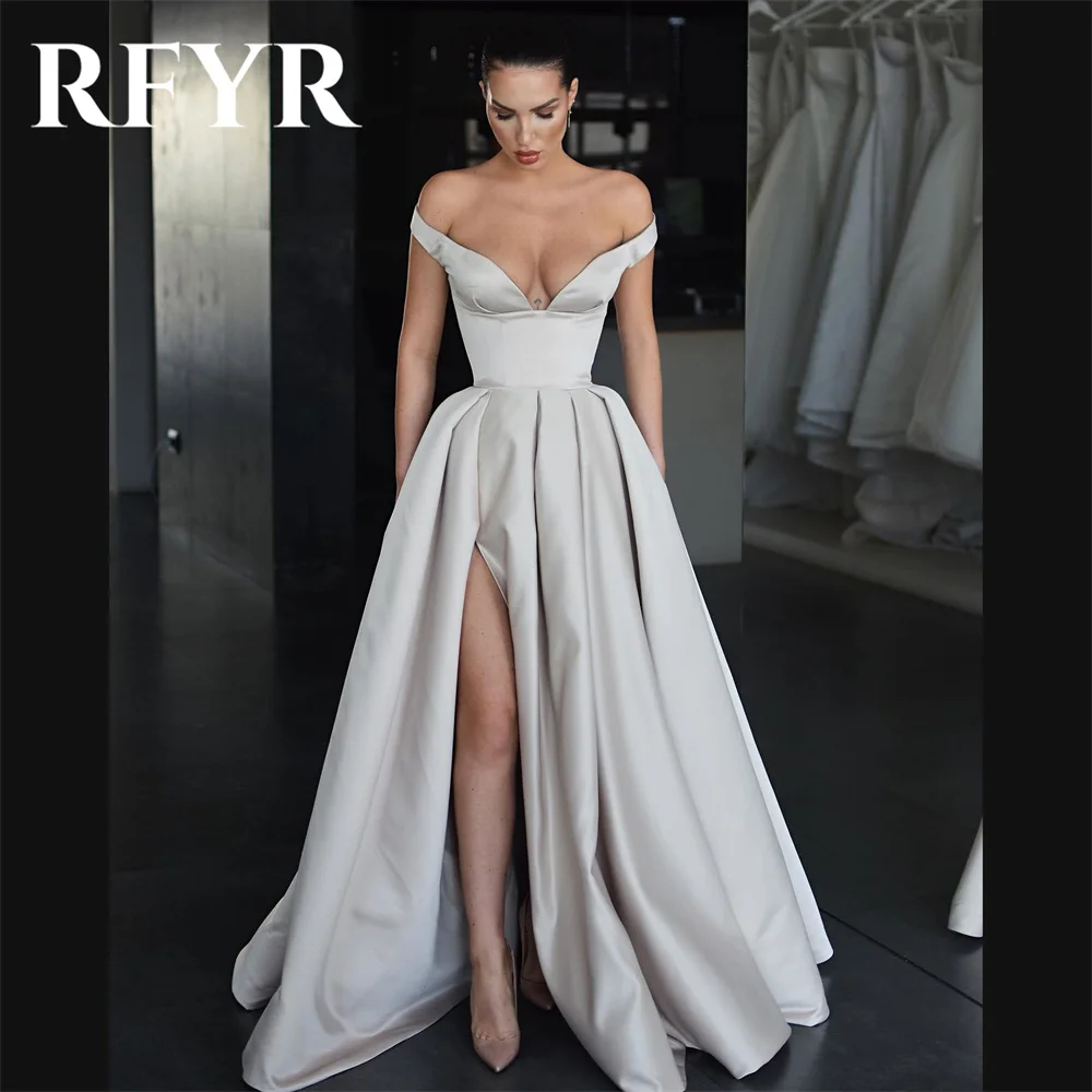 RFYR Elegant Gray Evening Dress Off Shoulder A-line вечернее платье Simple Satin Side Split Prom Dress Sweep Train Party Dress