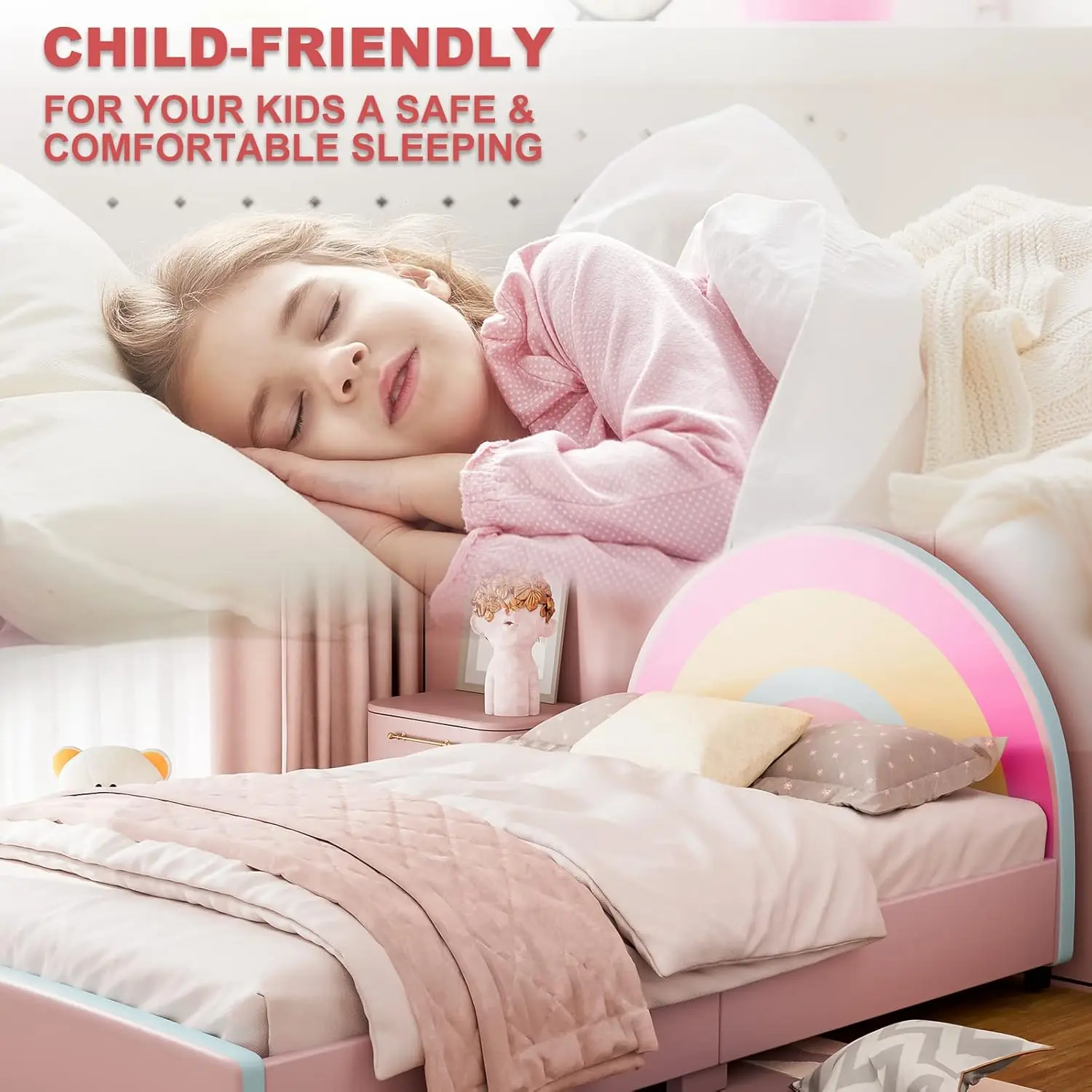 Twin Bed Frames Voor Kinderen, Prinses Gestoffeerde Meisjes Twin Platform Bed Met Regenboog Hoofdeinde, Massief Houten Latten, Geen Boxspring N