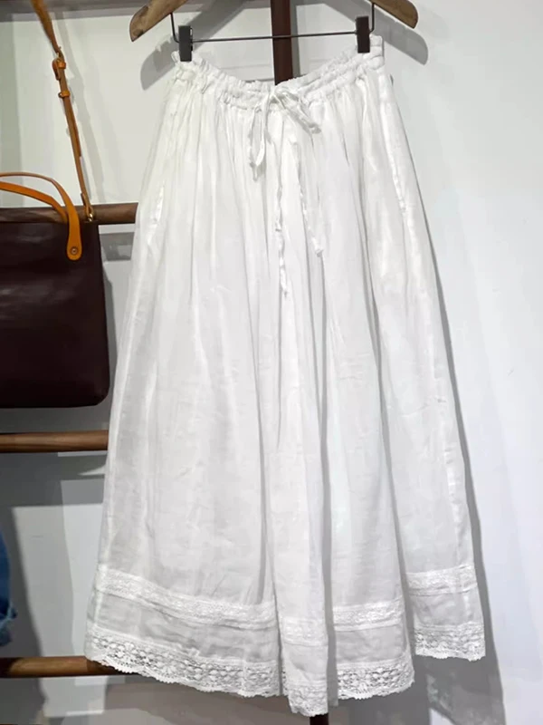 Saia midi fena de linho com acabamento em renda bordada retrô, saia longa de linha fina de camada dupla de verão, estilo ...