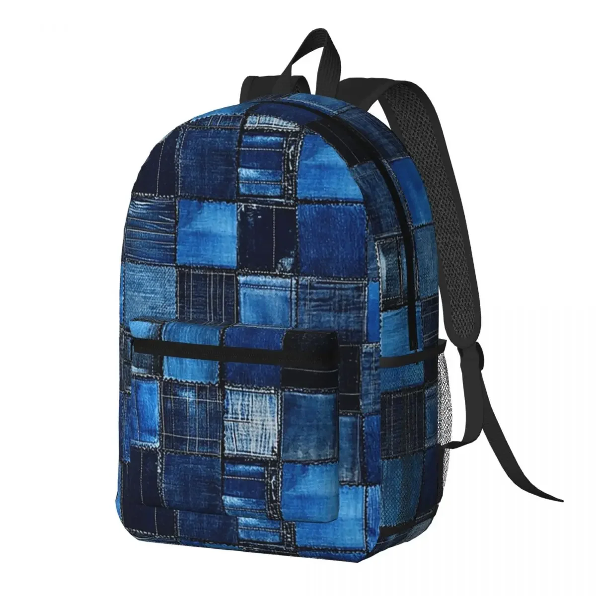 Blue Faux Denim Patchwork Quilt Backpack Daypack Large Capacity Children BookBag School Bag Shoulder Bags for Men Women