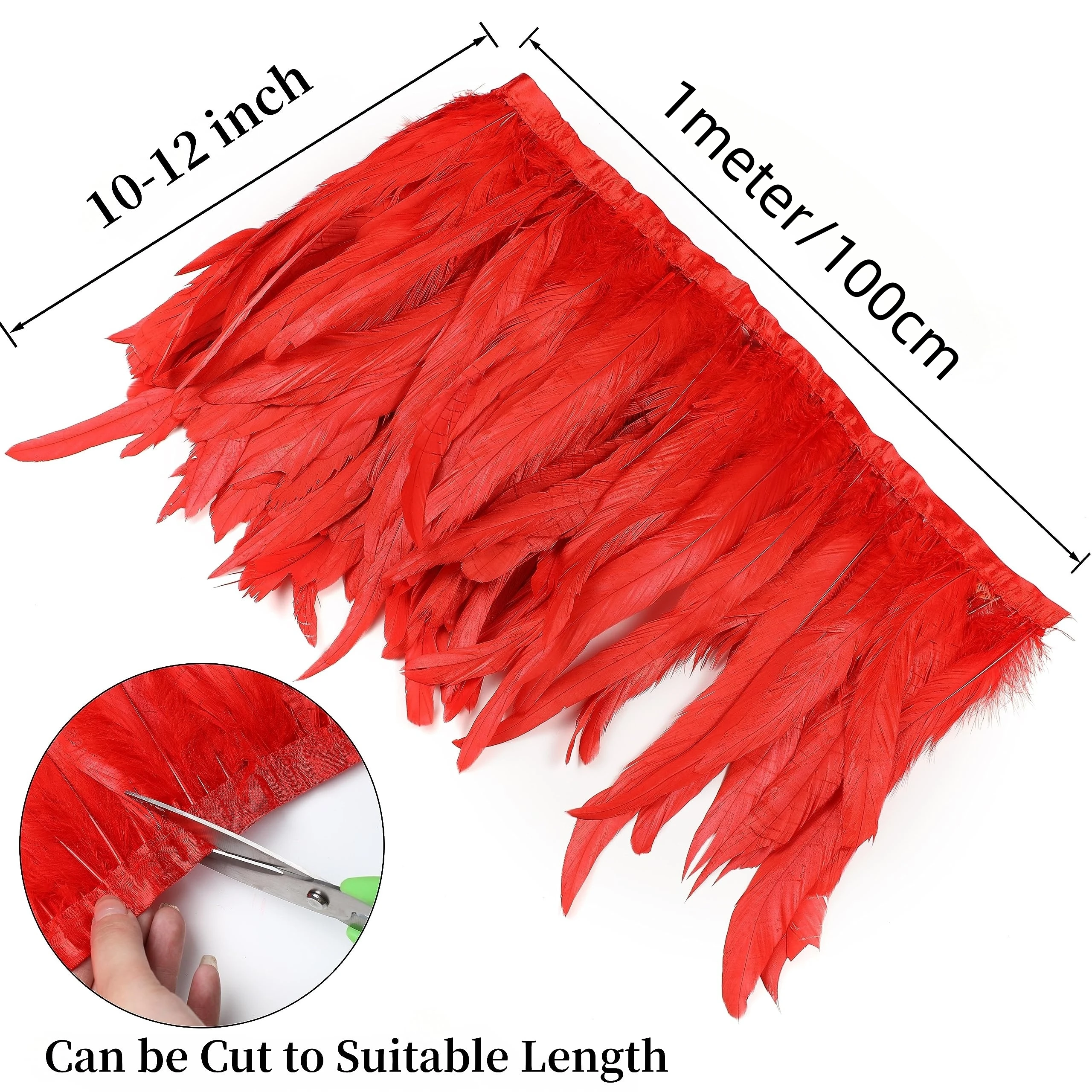 2 Meters Red Rooster Feather Fringe Natural Feathers Trim 25-30cm for DIY Crafts Halloween Cape Dress Wings Costume Design