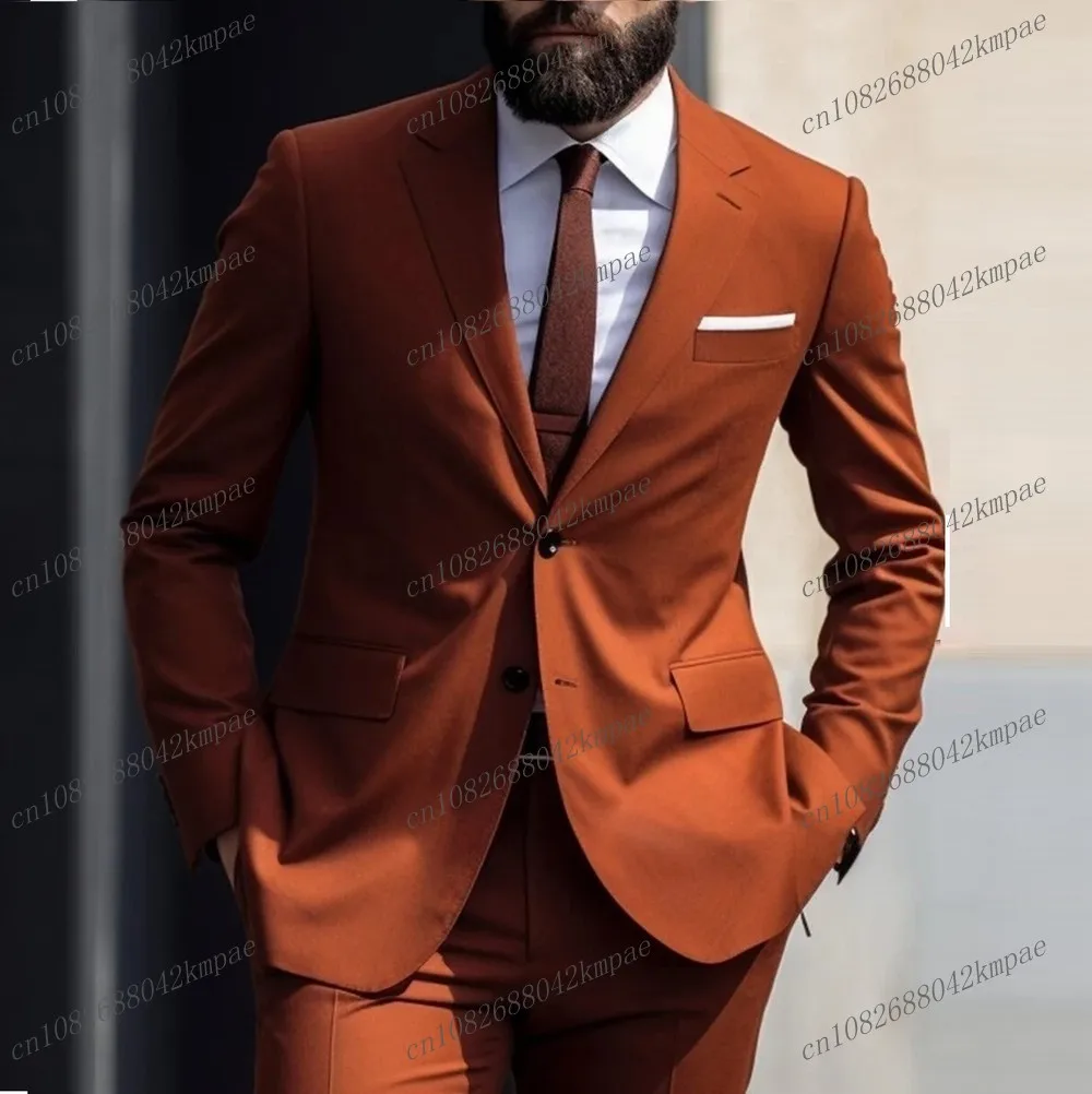 

Male Fashion Dark Orange Formal Occasion Men Suit Groom Groomsman Wedding Party Prom Business Tuxedos 2 Piece Set Blazer Pants