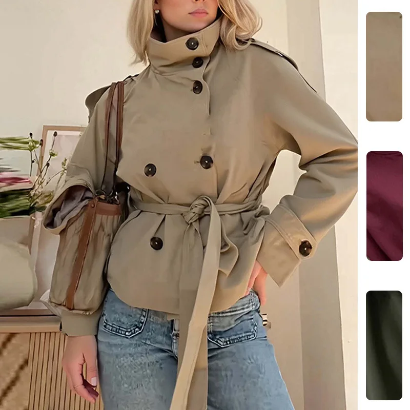 Nouvelle Trench-Coat Femme Printemps 2026 à Col Montant, Double Boutonnage, Lacets, Couleur Unie – Veste Décontractée et Élégante Coupe-Vent