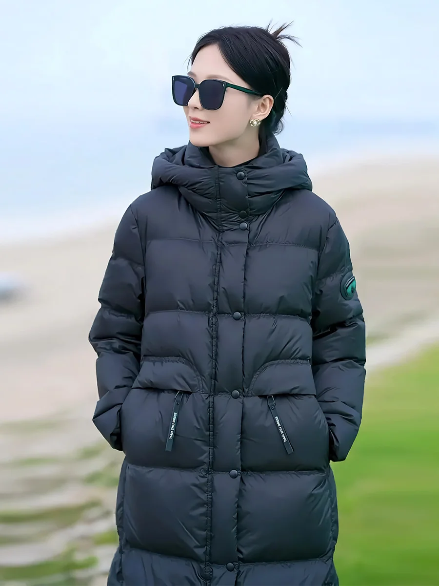 패셔너블 캐주얼 고급 화이트 다운 패딩 재킷 여성용 롱코트 후드 스탠드 칼라 겨울 신상품