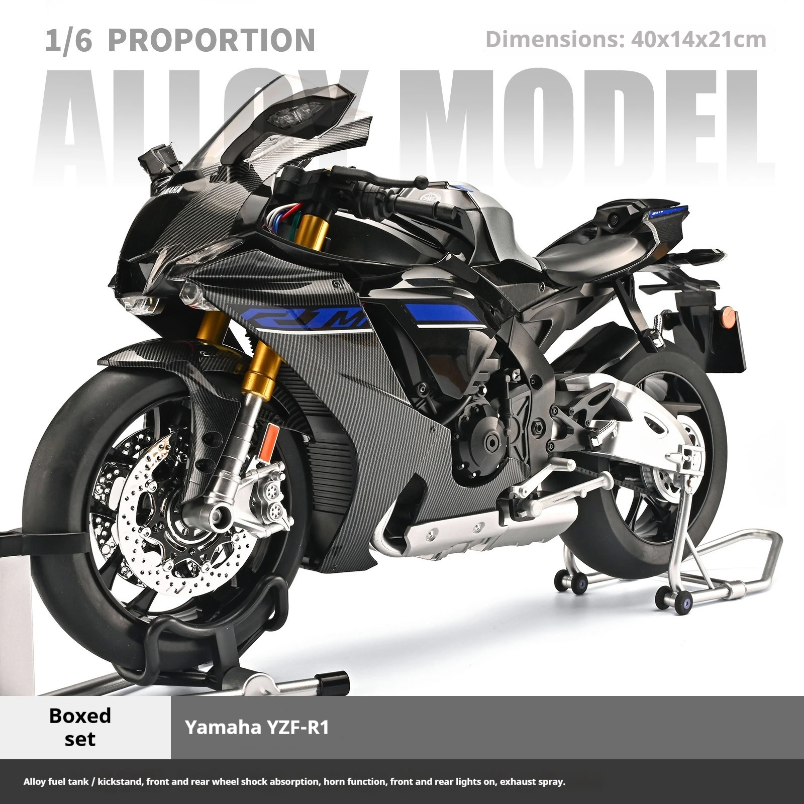 

Модель супербайка Yamaha YZF-R1 в масштабе 1:6 — увеличенный размер, с подсветкой, рабочей подвеской и эффектом дыма, коллекционный подарок