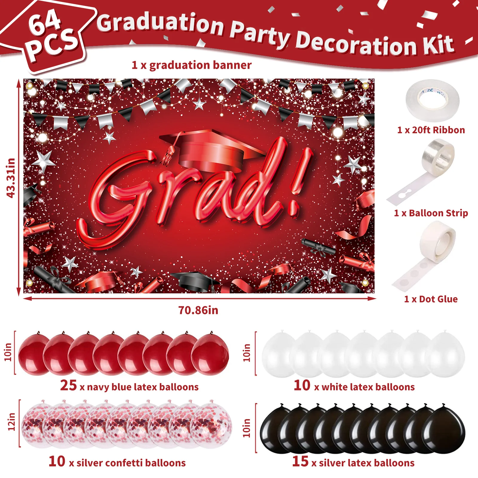 64 Pcs Graduation Party Decorations 2024, Congrats Grad Banner Backdrop with 60 Pcs Balloons Graduation Party Decorations Set fo