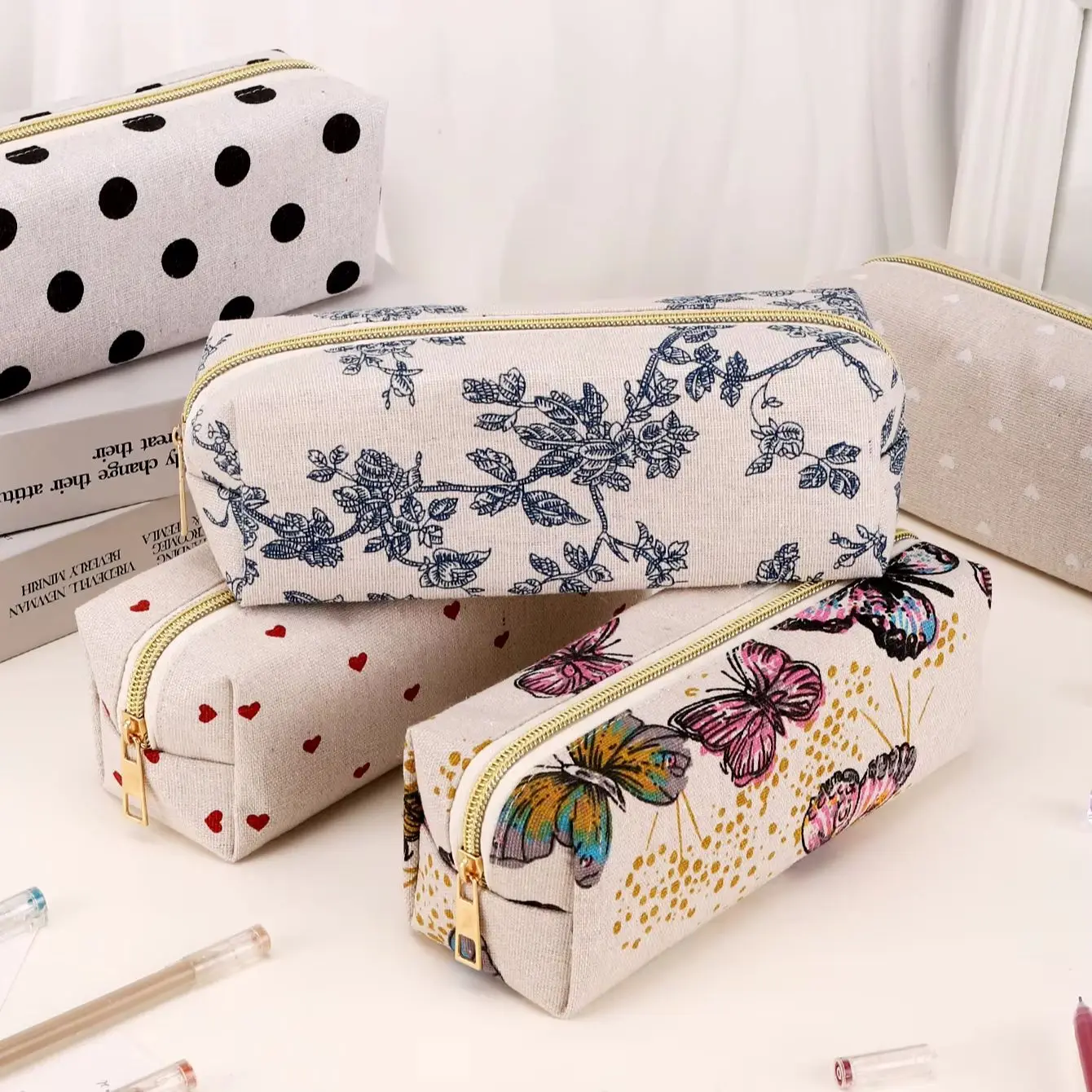 Premium Linen Canvas Student Pencil Case, INS Girly Butterfly Floral Polka Dot Heart Print Zipper Stationery Cosmetic Storage