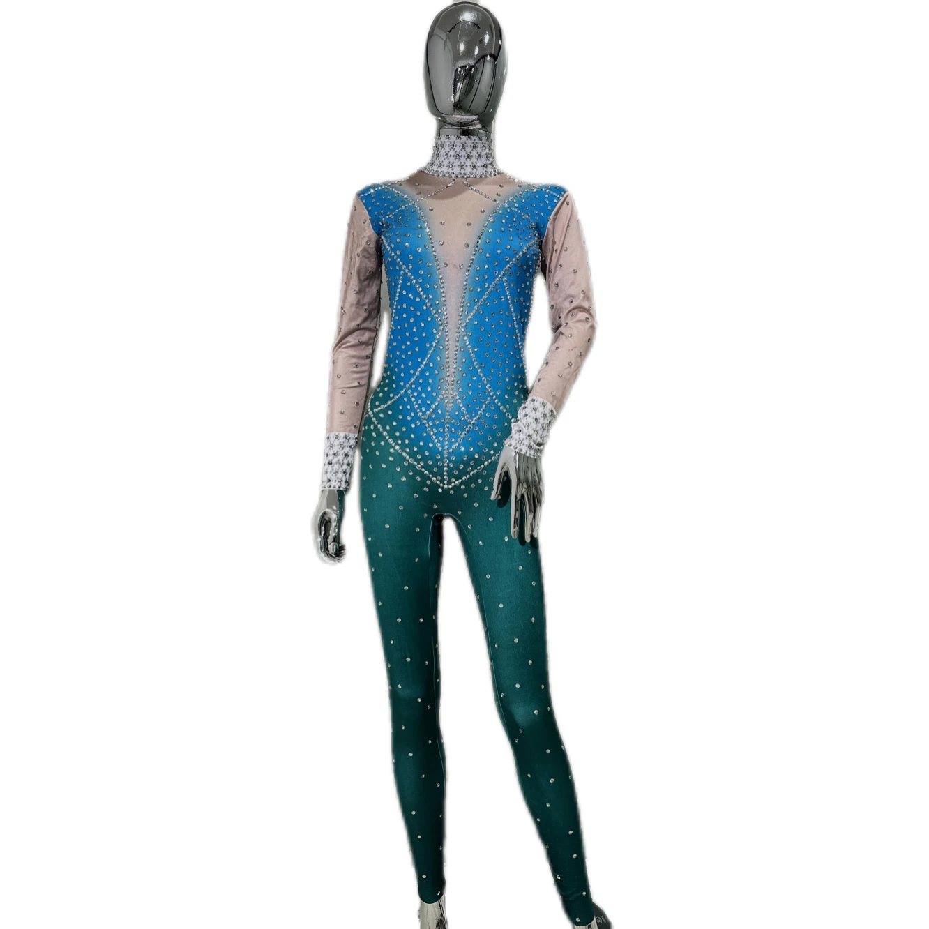 Shinning Diamonds Long Sleeve Sexy Halter Jumpsuit Evening Party Bar Nightclub Singer Dancer Performance Costume Stage Wear