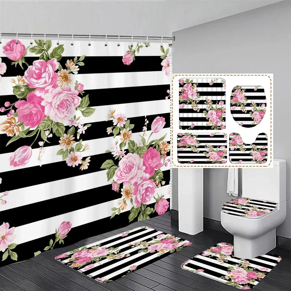 Pink Flowers Shower Curtain Set Black And White Striped Plant Floral Bath Mat Anti-slip Rug Toilet Lid Cover For Bathroom Decor