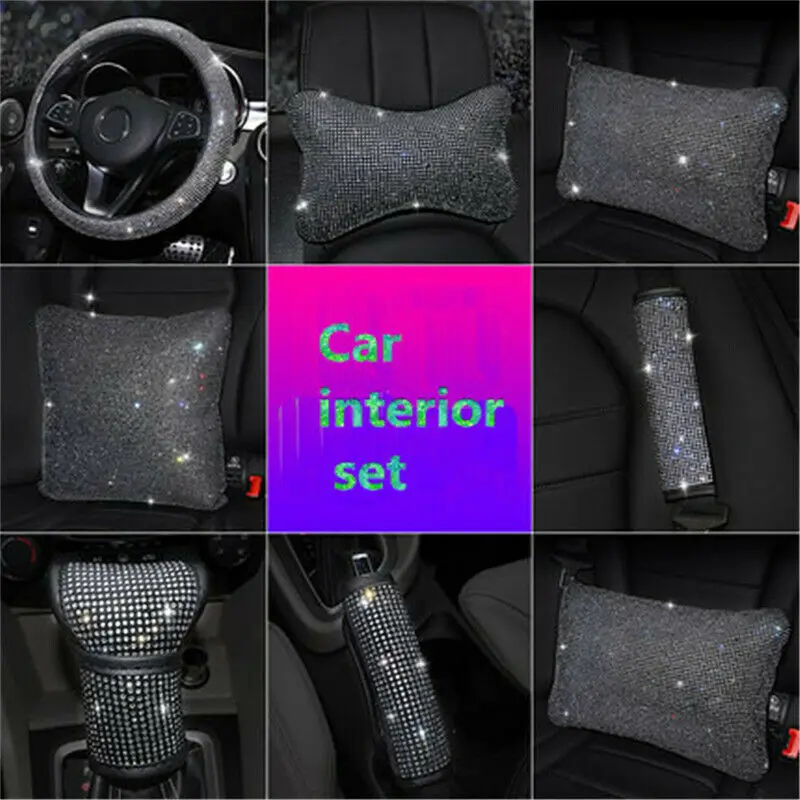 Universal Car Steering Wheel Cover Shiny Rhinestone Diamond Auto Accessories Interior Set Car Pillow/ Headrest/Handbrake Cover