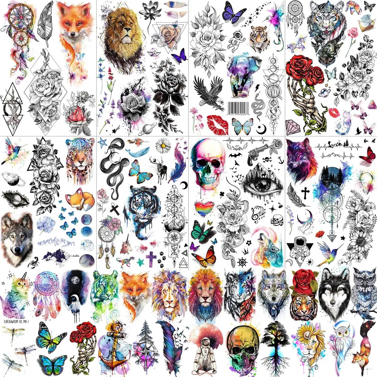 

32 Sheets Watercolor Animals Temporary Tattoos For Women Men Adult Fake Tattoos Sticker Tiger Lion Skull Flower Tattoo Paste DIY