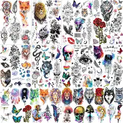 32 Sheets Watercolor Animals Temporary Tattoos For Women Men Adult Fake Tattoos Sticker Tiger Lion Skull Flower Tattoo Paste DIY