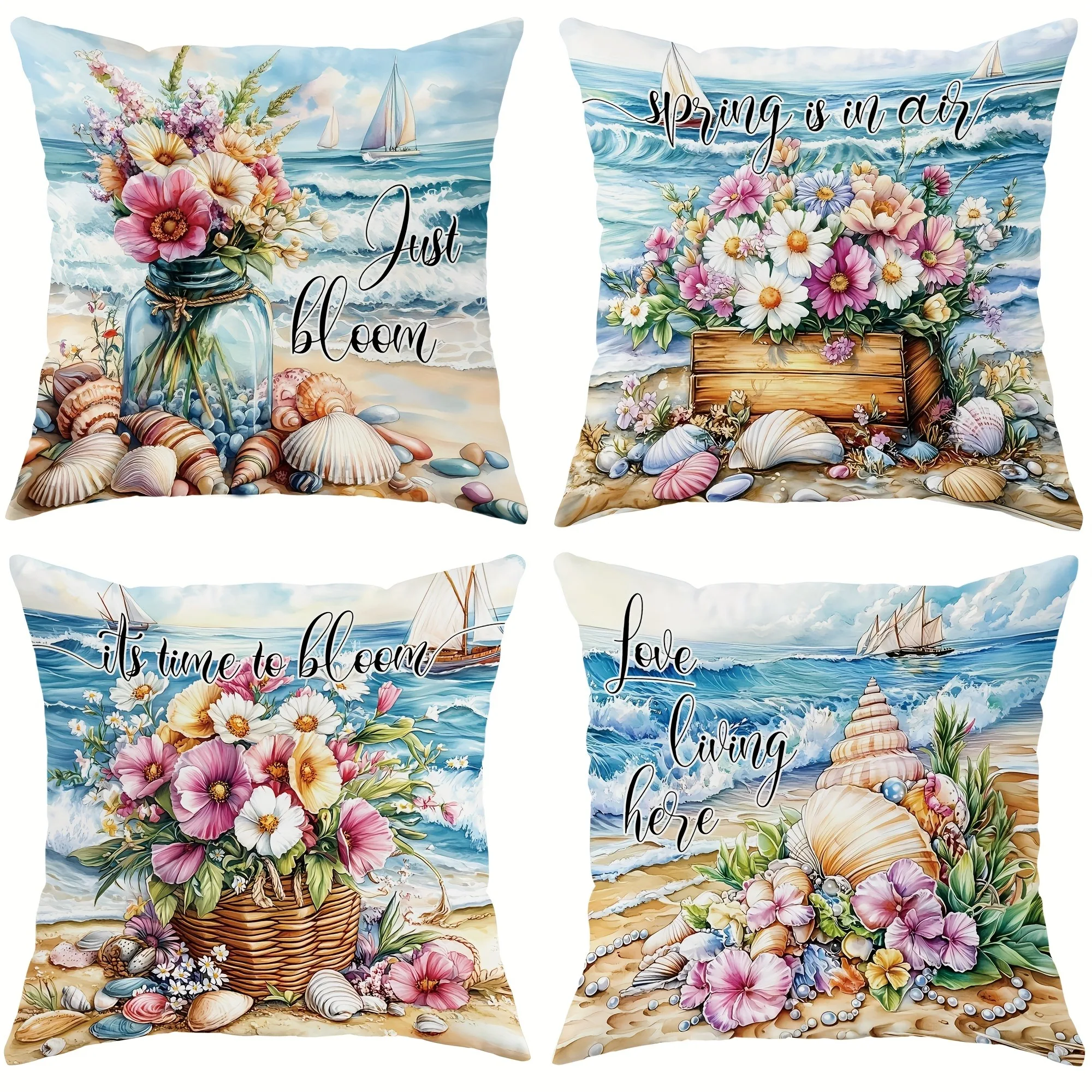 Beach-Floral Fusion Inspirational Pillow Cover, living room sofa Chair cushion cover, home bedroom Room decoration