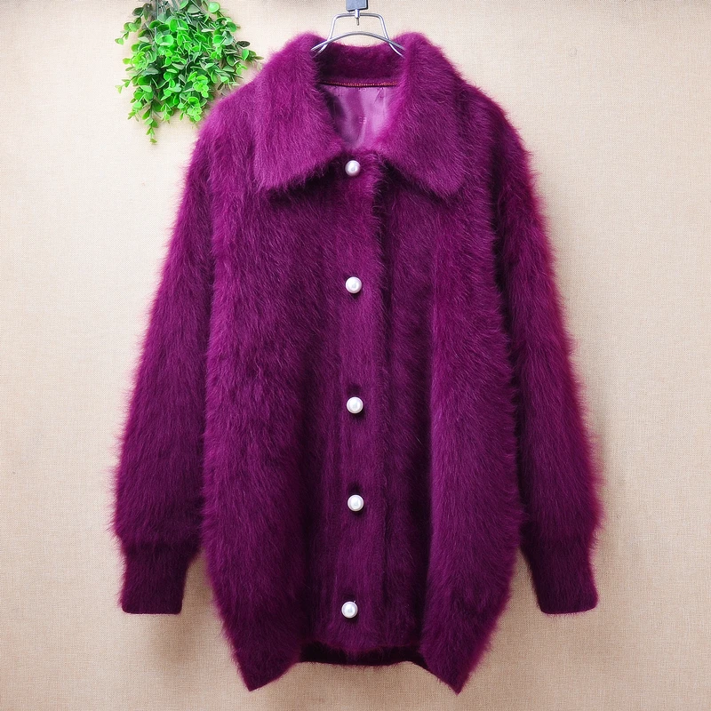 Female Women Fall Winter Clothing Hairy Mink Cashmere Knitted Long Lantern Sleeves Turn-Down Neck Loose Cardigans Sweater Jacket