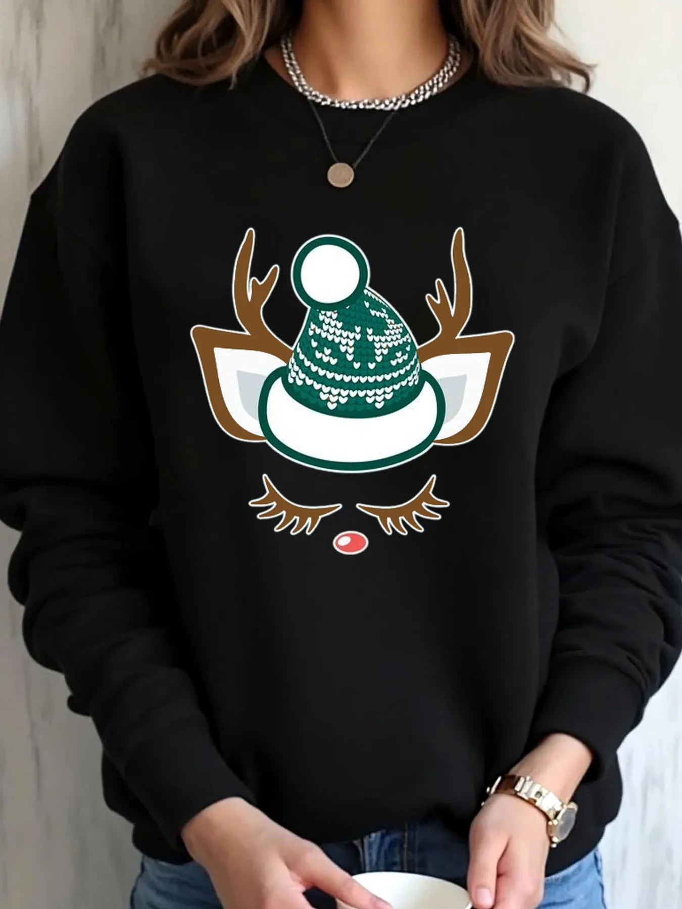 Sweater Wanita Ukuran Besar Motif Topi Rusa Natal Pakaian Luar Ruangan