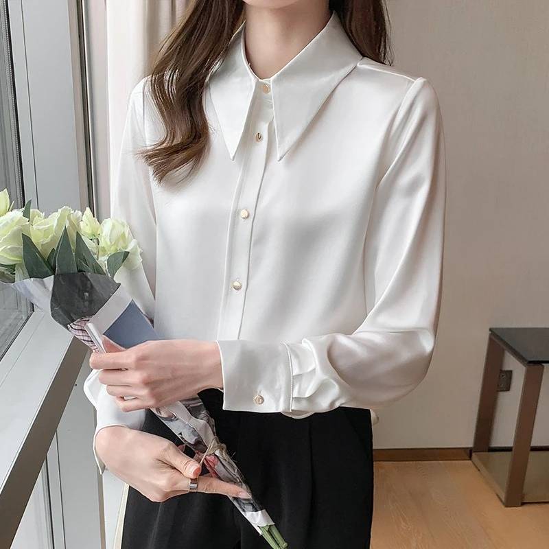 Spring Autumn Elegant Satin White Women's Blouse 2025 New French Style Single Breasted Casual Loose Office Shirts Female