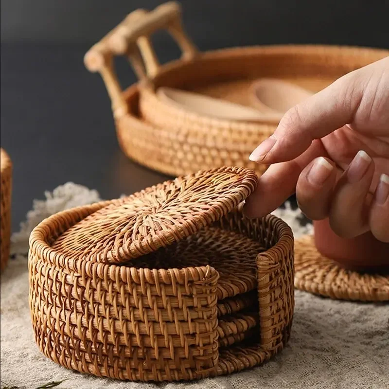 6Pcs Rattan Coasters Tableware Mats Handmade Tea Ceremony Tableware Set Japan Style Sado Supplies INS Style Desktop Decorations
