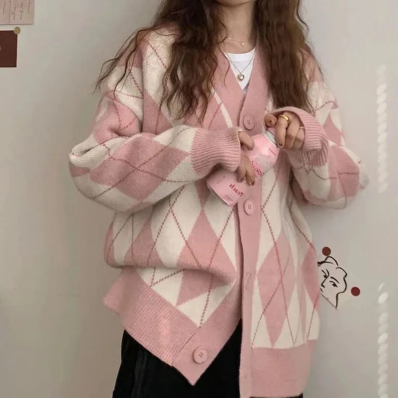 Korean Style Pink Cardigans for Women 2023 Autumn Winter Loose Knitted Plaid Sweater Woman Single-Breasted Long Sleeve Knitwear