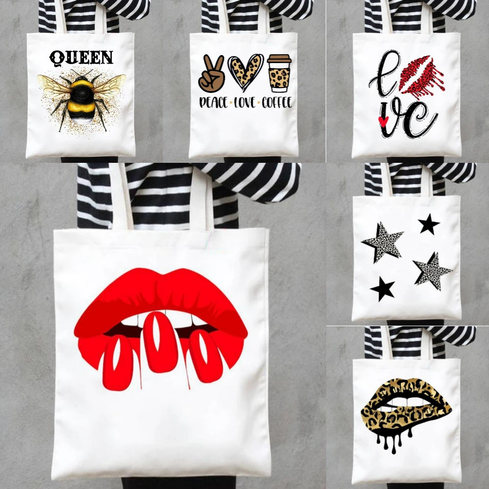 

Fashion Lip Bee Leopard Print Canvas Tote Bag Commut Study Travel Daily Use Large-capacity Yoga Shopping Shoulder Bag Handbag