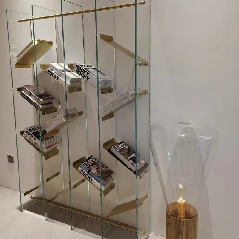 Italian light luxury bookshelf Italian minimalist tempered glass shelf champagne gold stainless steel display partition