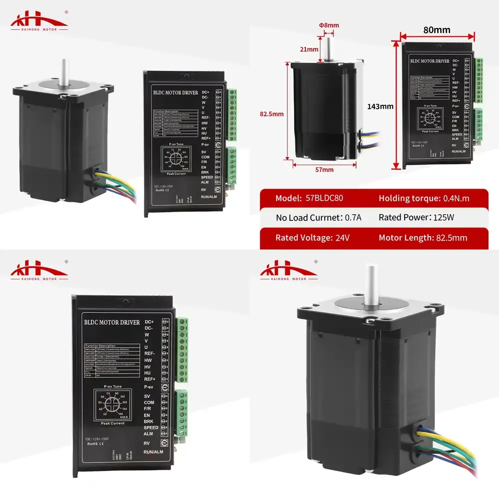 Kaihong 57x57x82mm 3000RPM 3 Phase NEMA 23 24V 125W BLDC Brushless Motor with Driver Kit Flange Mount 0.4Nm Torque