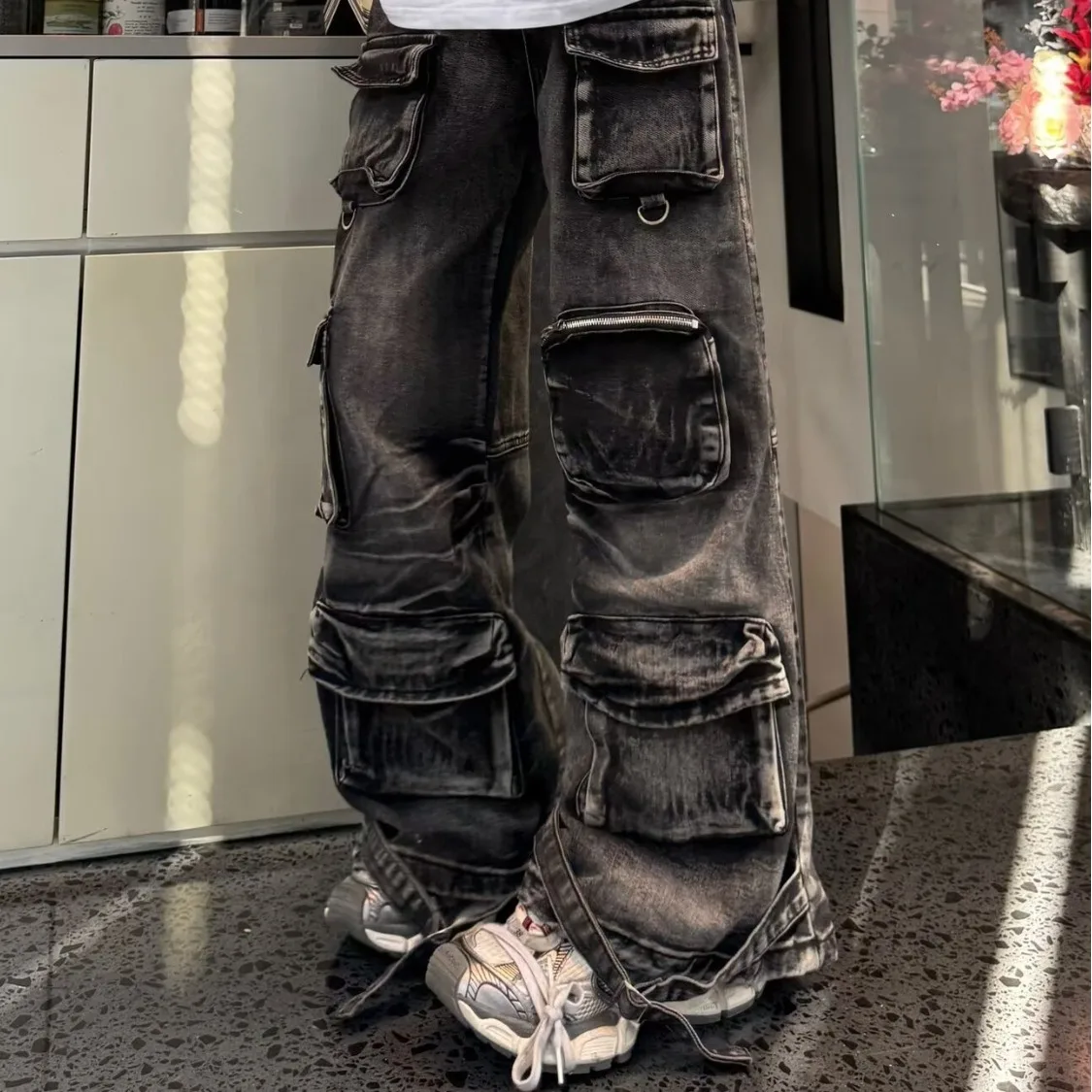 

American Style Multi-Pocket Grey Black Casual Workwear Jeans High Waist Loose Slimming Straight Leg Trousers for Men