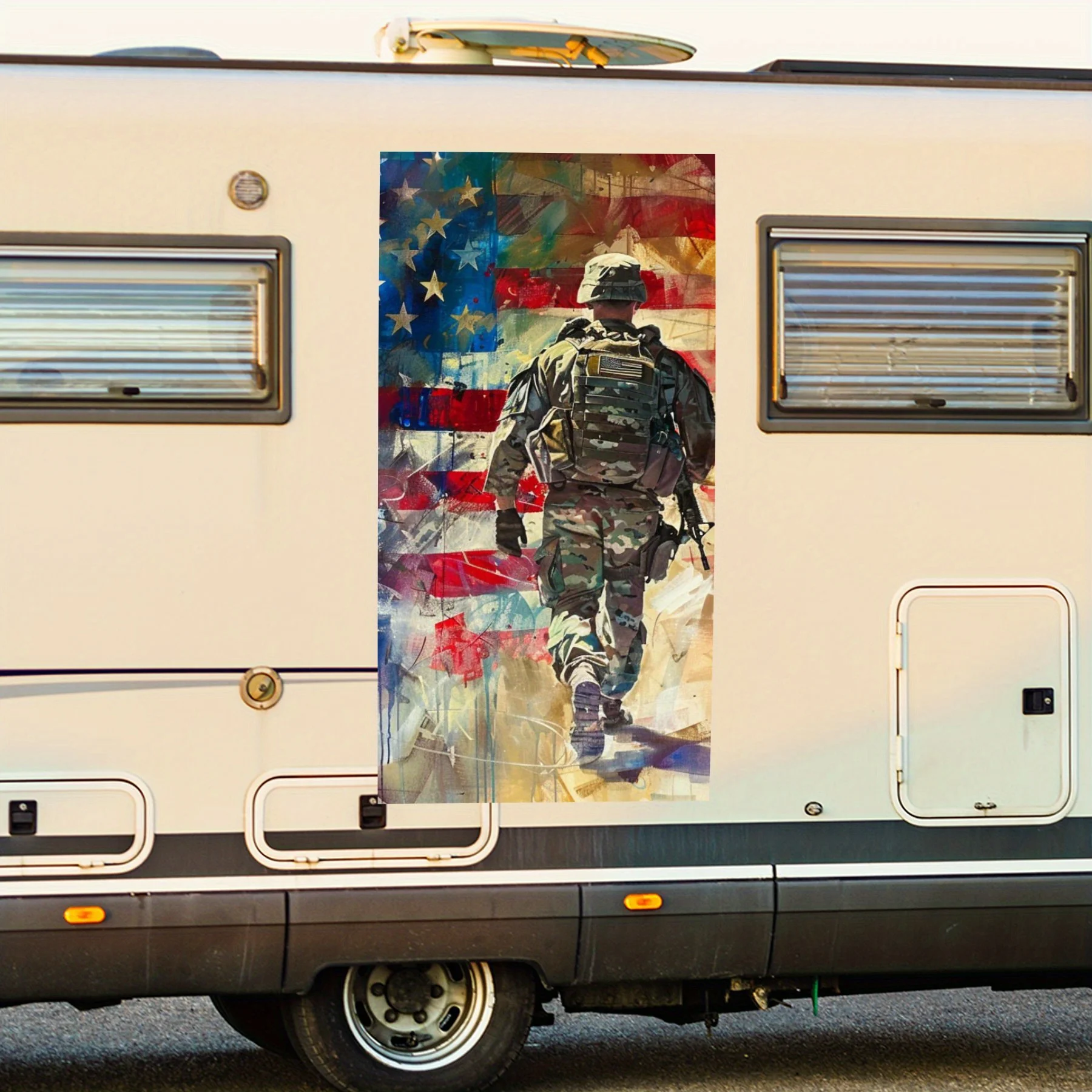 

Soldier and American Flag Motorhome Car Door Sticker PVC Self Waterproof Stick, Striking Auto Exterior Accessories Decor Protect