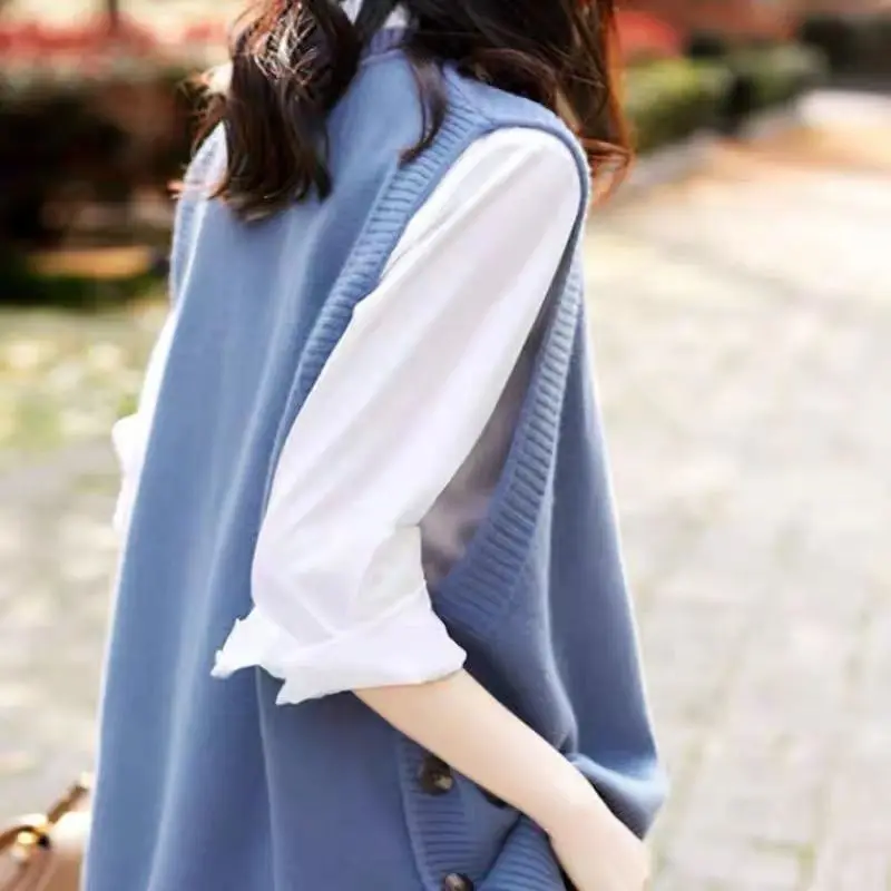 Women Elegant O-neck Sweater Vests Loose Sleeveless Knitted Sweaters Side Button All-match Stylish Popular Solid Cozy Pullovers