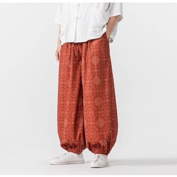 

Художественные мужские свободные брюки-фонарики в стиле ретро, летние повседневные брюки, длинные брюки с манжетами, китайские удобные дышащие брюки