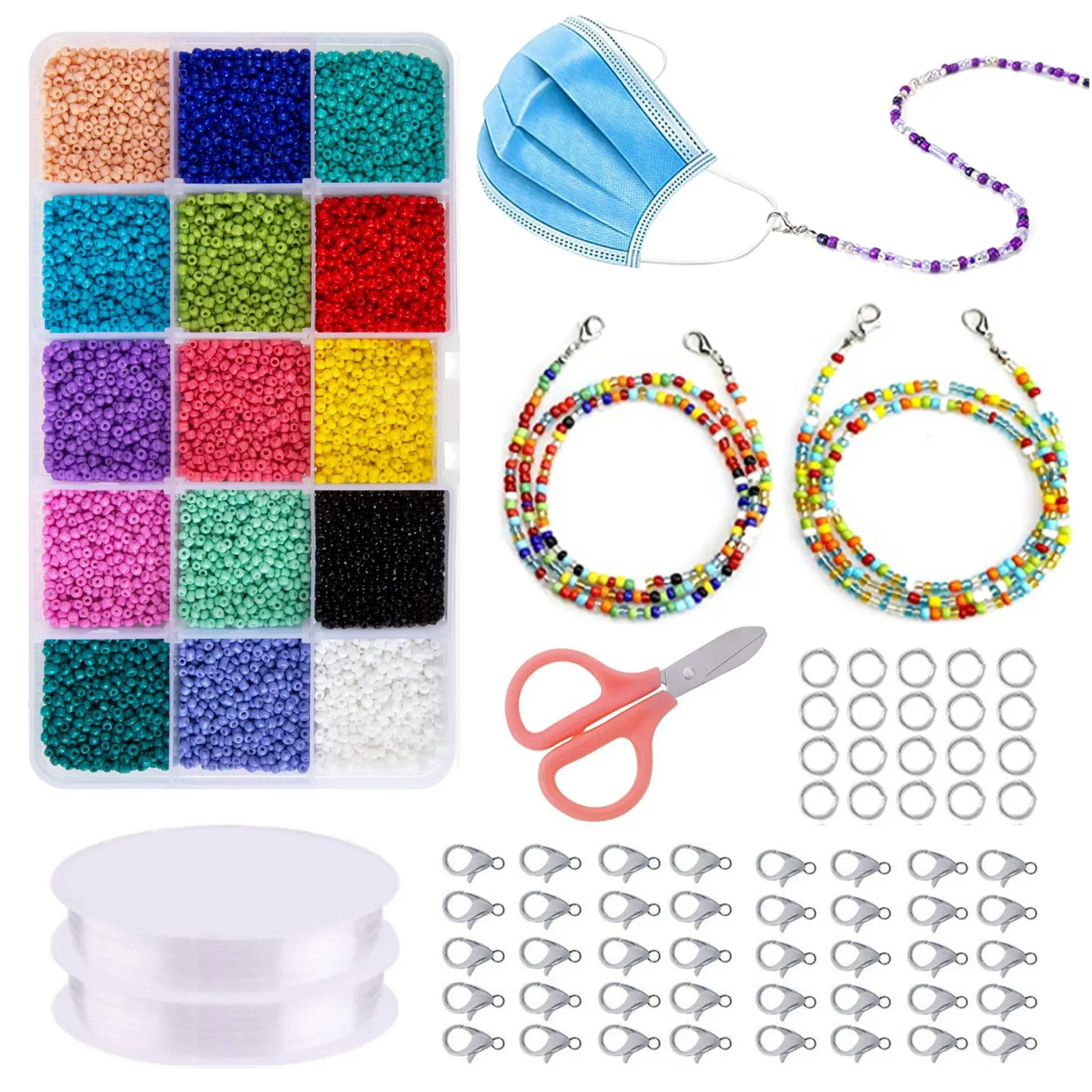 15-Color Small Glass Beads with Tools for DIY Eyeglass Sunglasses Face Mask Neck Strap Lanyard Bracelet Necklace Jewelry Making