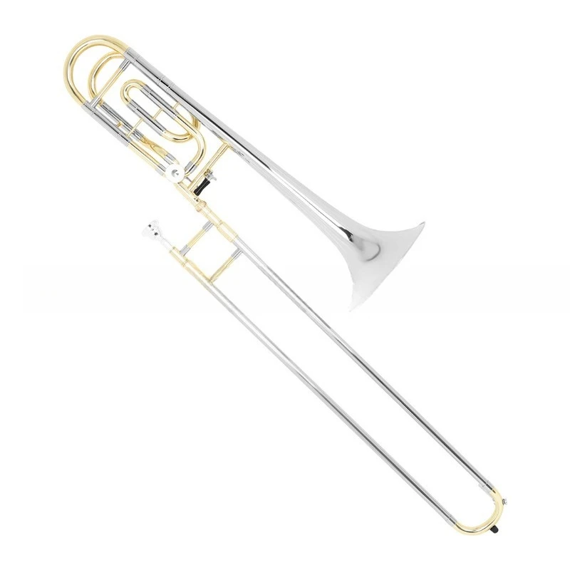 Alto, B flat, Bb/F trombone, gold and silver two-tone silver horn playing professional trombone