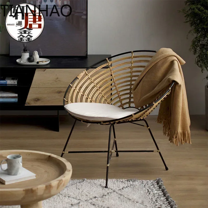 Modern Handmade Rattan Living Room Chair - Minimalist Wrought Iron Frame, Leisure Round Design, Natural Wicker Armchair