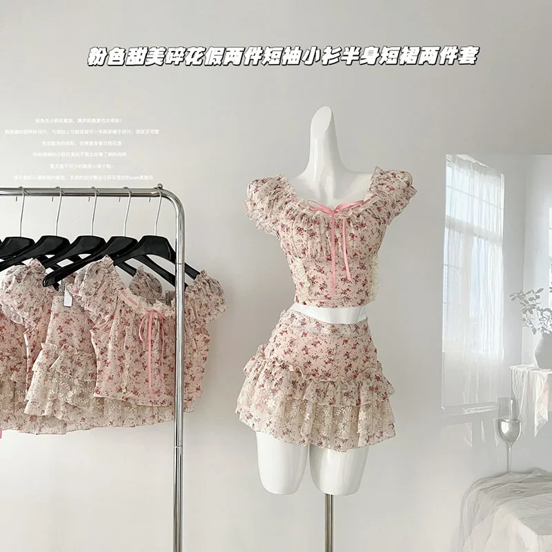 

Women 2024 New Summer Floral Short Sleeve Crop Tops+High Waist A-line Skirts Sweet Casual Two Piece Sets
