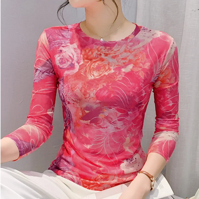 #7411 Tie Dye Printed Mesh T Shirt Women Round Neck Skinny T Shirt Long Sleeve Streetwear Short Thirt Female Elastic Tee Spring