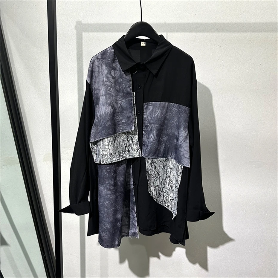 Irregular Patchwork Casual Shirt Men Streetwear Hip Hop Punk Long Sleeve Shirt Oversized Harajuku Vintage Black Blouse Coat Male