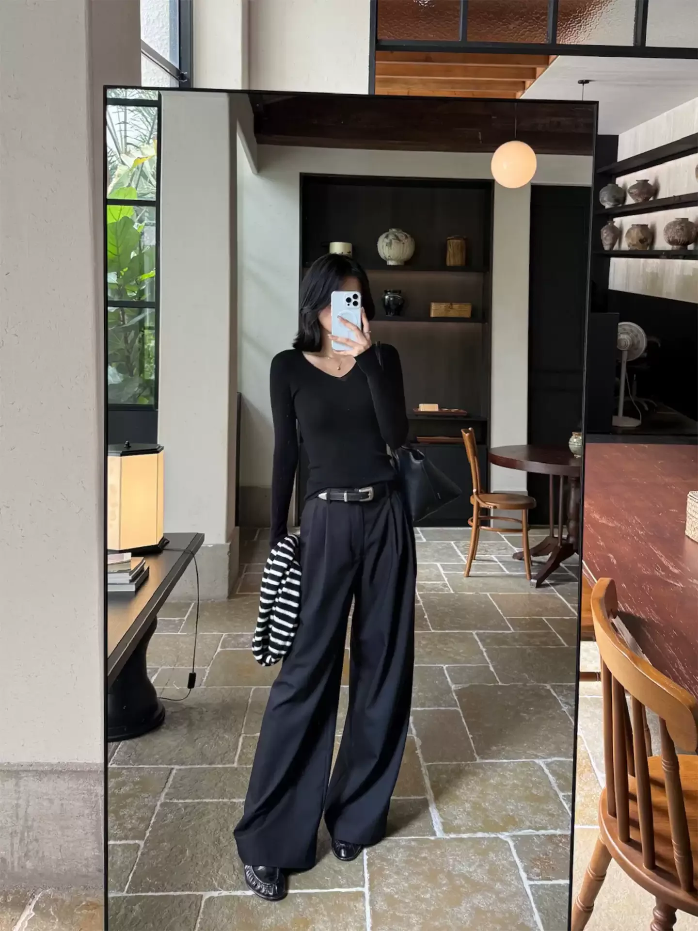 Black wide-leg casual pants loose in early autumn, high waist and slim suit pants female