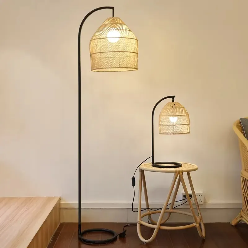 Nordic Hand Woven Natural Black Rattan Floor Lamp LED Living Room Bedroom Desk Light