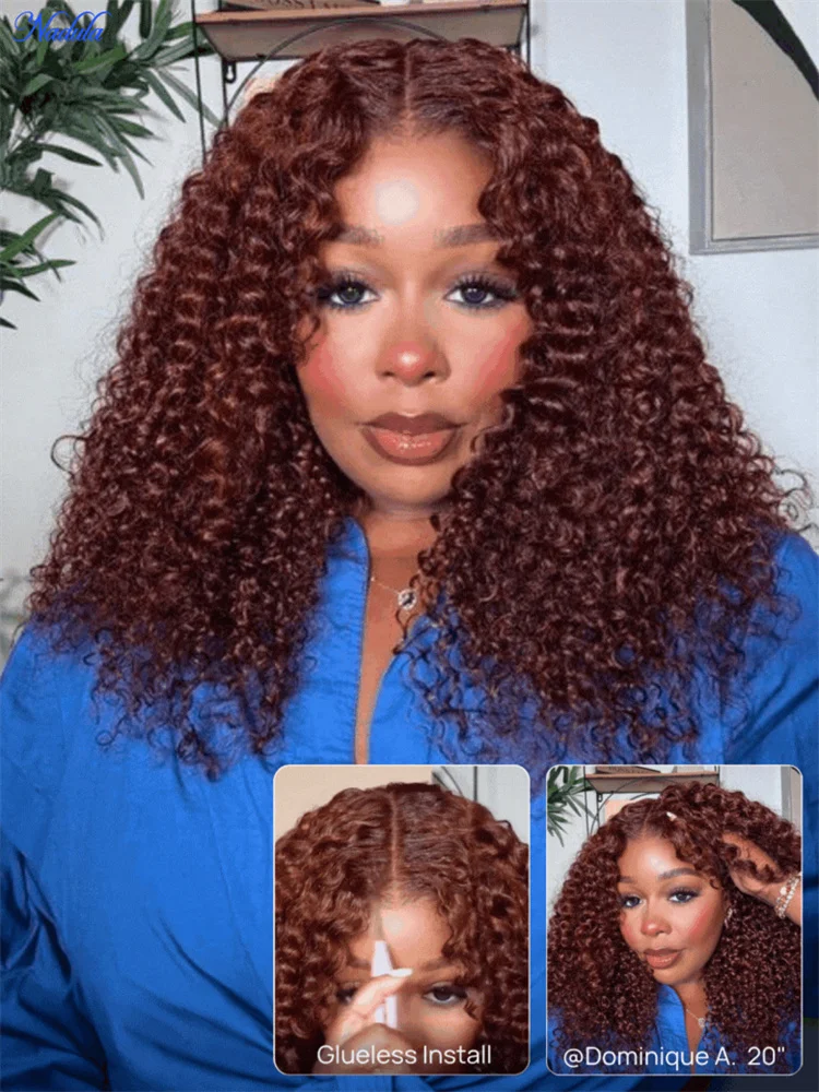 

NADULA Bye Bye Slip Curly Glueless Human Hair Wig Reddish Brown 7x5 Pre Cut Lace Glueless Wig with Drawstring Pre Bleached Knots