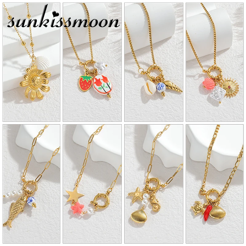 Bohemian Beachy Charm Necklaces For Women Gold Plated Starfish/Flower/Strawberry Shell Pendants Trendy Holiday Jewelry Gifts
