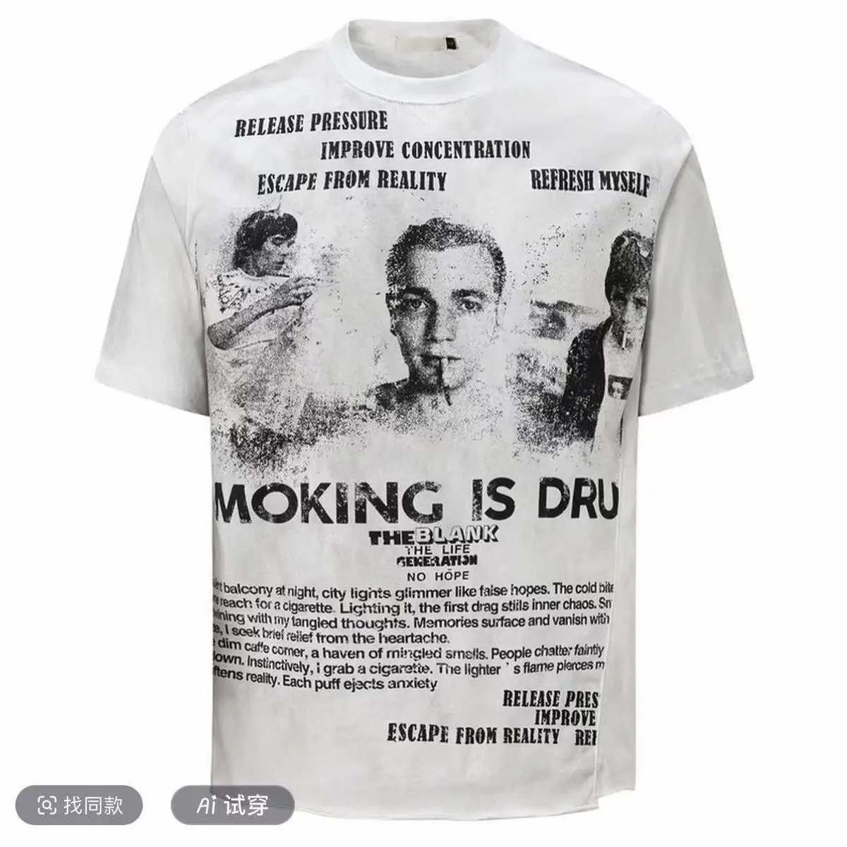 Summer retro design character print short-sleeved T-shirt men's old washed vintage ruffian handsome street bottoming top