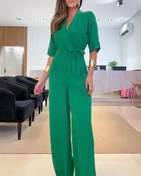 Half Sleeve Wide Leg Work Jumpsuit Summer Women's Bodysuit 2023 New Fashion Elegant Office High Waist V-Neck Lace Up Style