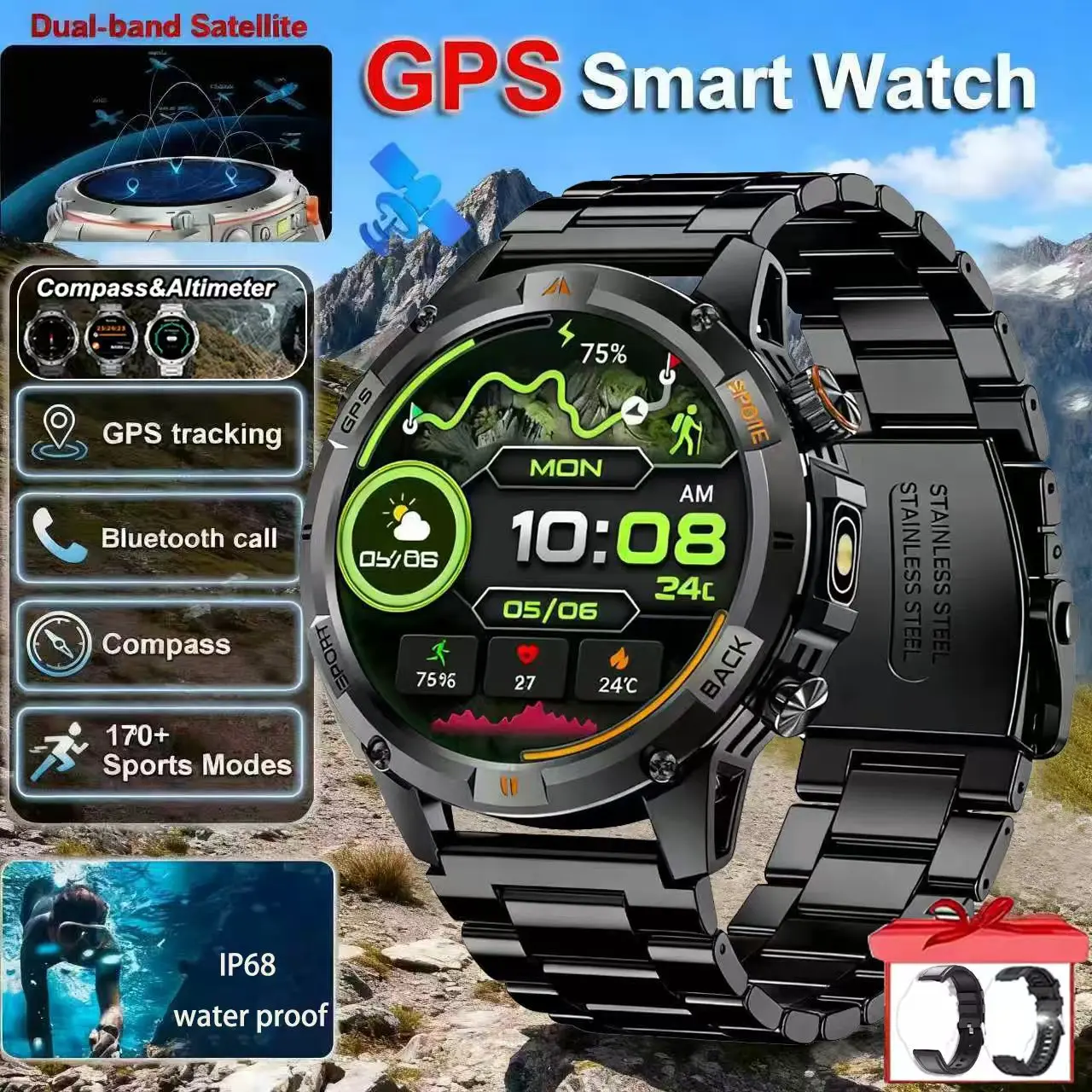

2026 для Android IOS Ultra GPS Смарт-часы Водонепроницаемые Встроенный двухдиапазонный компас Военный спортивный мужской SWIM Спортивный фонарик BT calI
