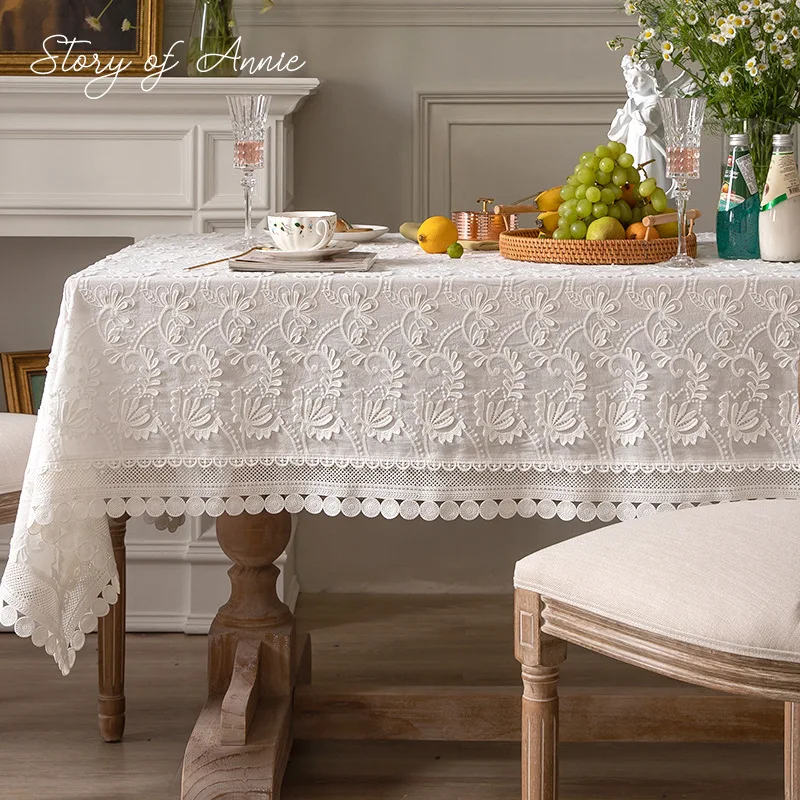 Luxury Embroider White Lace Tablecloth for Wedding Party Living Room Bedroom Table Cloth American Table Decoration