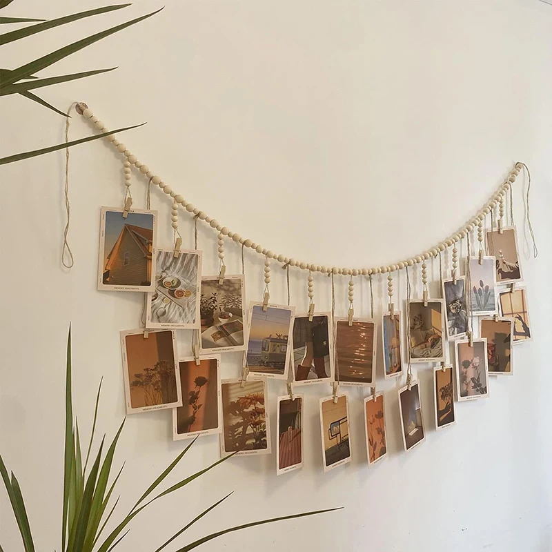 Boho Makramee Foto Display Wandbehang Holzperlen Wandteppich Ästhetische Home Room Decor Perfektes Geschenk für Wanddekoration