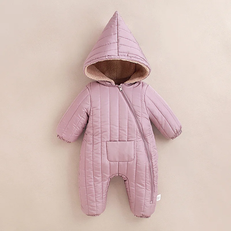 Winter Cotton Romper Baby Comfortable Warm Thick Plush Jumpsuits Newborn Kids Daily Outdoor Winfproof Thermal Hooded Overalls